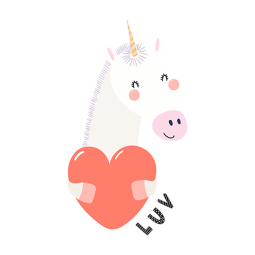 Hand drawn Valentines day card with cute funny unicorn holding heart, text Luv. Isolated objects on white . Vector illustration. Scandinavian style flat design. Concept for children .