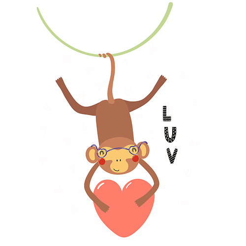 Hand drawn Valentines day card with cute funny monkey holding heart, text Luv. Isolated objects on white . Vector illustration. Scandinavian style flat design. Concept for children .
