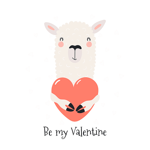 Hand drawn card with cute funny llama holding heart, text Be my Valentine. Isolated objects on white . Vector illustration. Scandinavian style flat design. Concept for children .