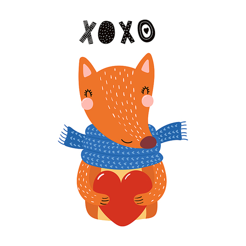 Hand drawn Valentines day card with cute funny fox holding heart, text XOXO. Isolated objects on white . Vector illustration. Scandinavian style flat design. Concept for children print.