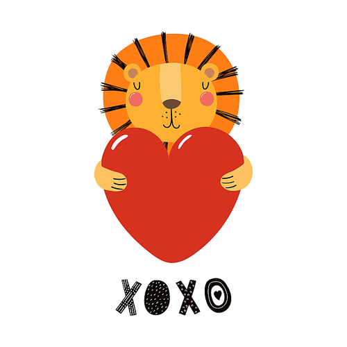 Hand drawn Valentines day card with cute funny lion holding heart, text XOXO. Isolated objects on white . Vector illustration. Scandinavian style flat design. Concept for children .