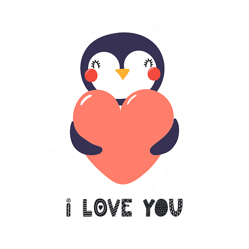Hand drawn Valentines day card with cute funny penguin holding heart, text I love you. Isolated objects on white . Vector illustration. Scandinavian style flat design. Concept children