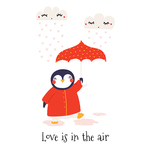 Hand drawn Valentines day card with cute penguin with umbrella, hearts, text Love is in the air. Isolated objects on white. Vector illustration. Scandinavian style flat design. Concept for kids print.