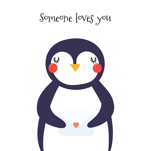 Hand drawn Valentines day card with cute penguin with a letter, hearts, text Someone loves you. Isolated objects on white. Vector illustration. Scandinavian style flat design. Concept for kids .