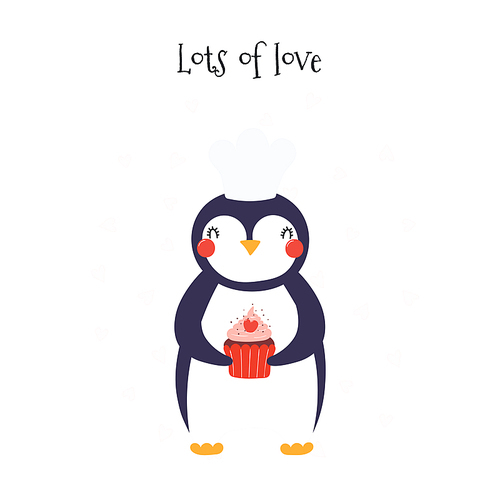 Hand drawn Valentines day card with cute funny penguin with cupcake, hearts, text Lots of love. Isolated objects on white. Vector illustration. Scandinavian style flat design. Concept for kids .