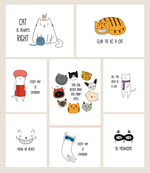 Set of cards with cute color doodles of different cats with funny quotes for cat lovers. Hand drawn vector illustration. Line drawing. Design concept for poster, t-shirt, fashion .