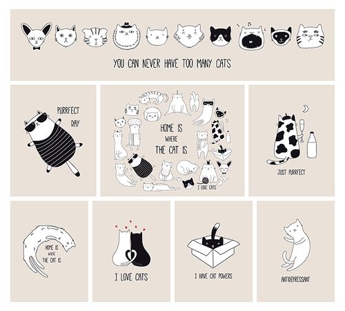 Set of cards with cute monochrome doodles of different cats with funny quotes for cat lovers. Hand drawn vector illustration. Line drawing. Design concept for poster, t-shirt, fashion .