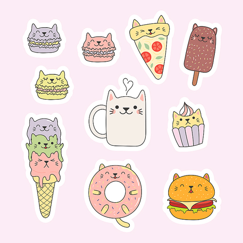 Set of kawaii stickers with foods with cat ears, macarons, pizza, burger, ice cream, cupcake, donut, coffee. Isolated objects. Hand drawn vector illustration. Line drawing. Design concept kids .