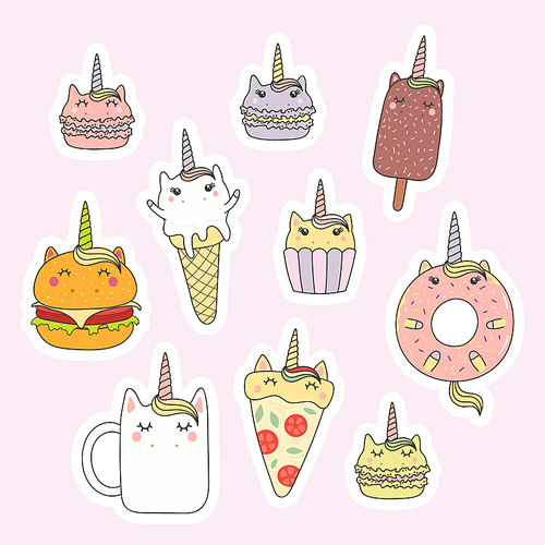Set of kawaii stickers with foods with unicorn horn, ears, macarons, pizza, burger, ice cream, cupcake, donut, coffee. Isolated objects. Hand drawn vector illustration. Design concept kids