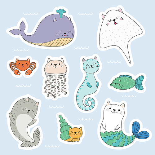 Set of kawaii stickers of sea animals with cat ears, mermaid, jellyfish, crab, seahorse, ray, whale, seal. Isolated objects. Hand drawn vector illustration. Line drawing. Design concept kids .