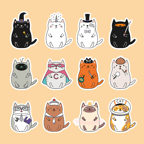 Set of kawaii stickers with fat cats, unicorn, sailor, pirate, witch, princess, superhero, astronaut, detective, ninja. Isolated objects Hand drawn vector illustration Design concept kids
