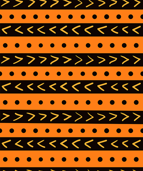 Hand drawn seamless geometric pattern with stripes, dots, arrows, in black, orange, yellow. Vector illustration. Flat style design. Concept for kids textile , wallpaper, wrapping paper