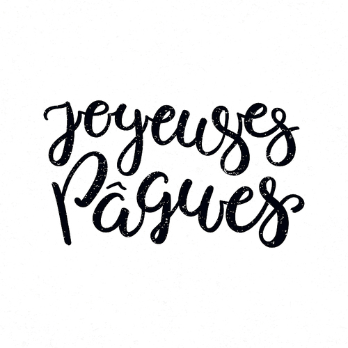 hand written calligraphic lettering quote joyeuses paques, happy . in french, on a distressed background. hand drawn vector illustration. design concept, element for card, banner, invitation.