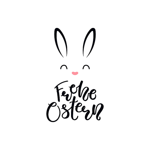 lettering quote frohe ostern, happy . in german, with bunny face. isolated objects on white . hand drawn vector illustration. design concept, element for card, banner, invitation.