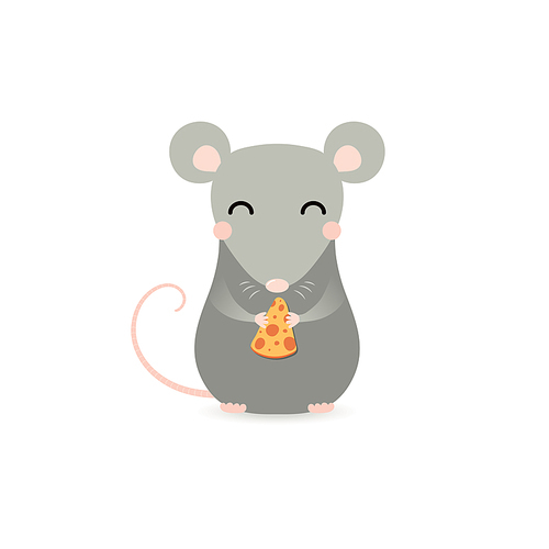 Hand drawn vector illustration of a cute little rat with a piece of cheese. Isolated objects on white . Flat style design. Concept for Chinese New Year greeting card, holiday banner, decor.