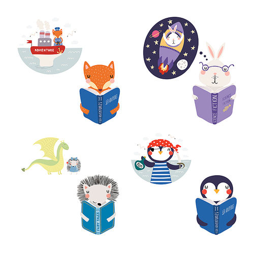 Big set with cute animals reading different books. Isolated objects on white . Hand drawn vector illustration. Scandinavian style flat design. Concept for kids , learning, imagination.