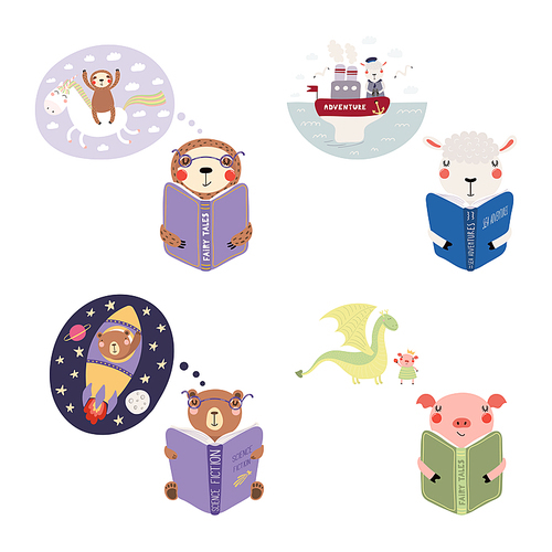 Big set with cute animals reading different books. Isolated objects on white . Hand drawn vector illustration. Scandinavian style flat design. Concept children , learning, imagination.