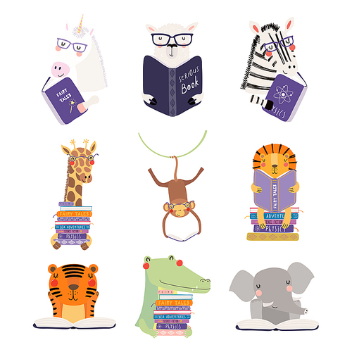Big set with cute animals reading different books. Isolated objects on white . Hand drawn vector illustration. Scandinavian style flat design. Concept for children , learning.