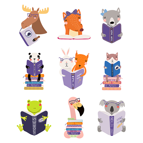Big set with cute animals reading different books. Isolated objects on white . Hand drawn vector illustration. Scandinavian style flat design. Concept for children , learning.