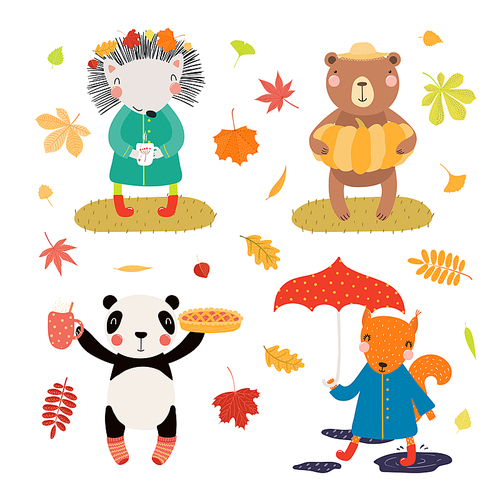 Autumn set with cute animals, falling leaves, pie, pumpkin, umbrella. Isolated objects on white . Hand drawn vector illustration. Scandinavian style flat design. Concept for children .