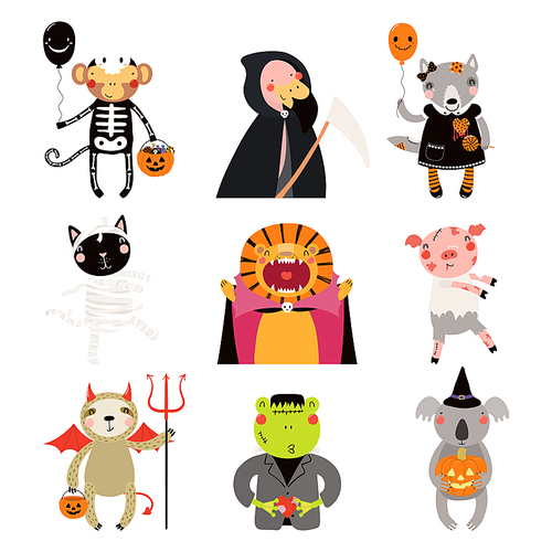 Big Halloween set with cute animals in costumes with candy, pumpkin, balloons. Isolated objects. Hand drawn vector illustration. Scandinavian style flat design. Concept kids , party invitation.