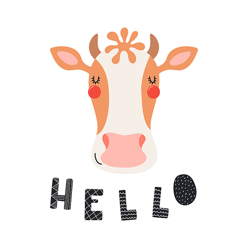Hand drawn vector illustration of a cute funny cow face, with lettering quote Hello. Isolated objects on white . Scandinavian style flat design. Concept for children .