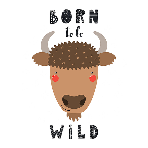 Hand drawn vector illustration of a cute funny bison face, with lettering quote Born to be wild. Isolated objects on white . Scandinavian style flat design. Concept for children .