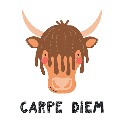 Hand drawn vector illustration of a cute funny yak face, with lettering quote Carpe diem. Isolated objects on white . Scandinavian style flat design. Concept for children print.