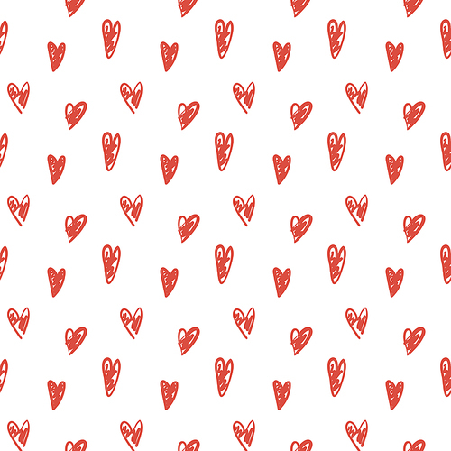 Hand drawn seamless pattern with pink hearts on white background. Vector illustration. Line drawing. Concept for children textile , wallpaper, wrapping paper.