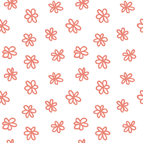 Hand drawn seamless pattern with pink flowers on white background. Vector illustration. Line drawing. Concept for children textile , wallpaper, wrapping paper.