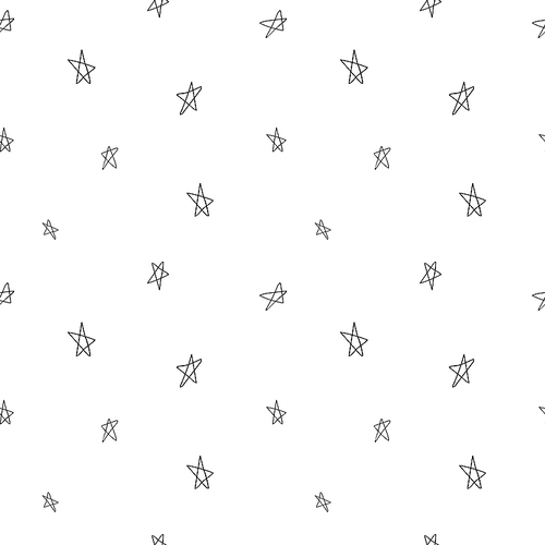 Hand drawn seamless pattern with stars, black on white background. Vector illustration. Line drawing. Concept for children textile , wallpaper, wrapping paper.