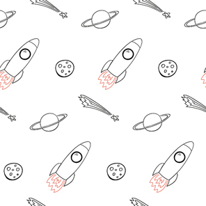 Hand drawn seamless space pattern with rocket, moon, planet, comet on white background. Vector illustration. Line drawing. Concept for children textile , wallpaper, wrapping paper.
