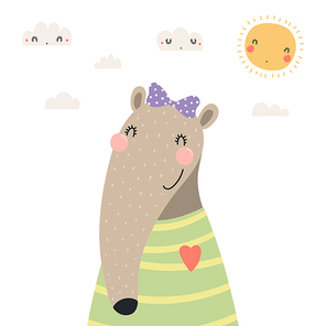 Hand drawn portrait of a cute anteater in shirt and ribbon, with sun and clouds. Vector illustration. Isolated objects on white . Scandinavian style flat design. Concept for children .