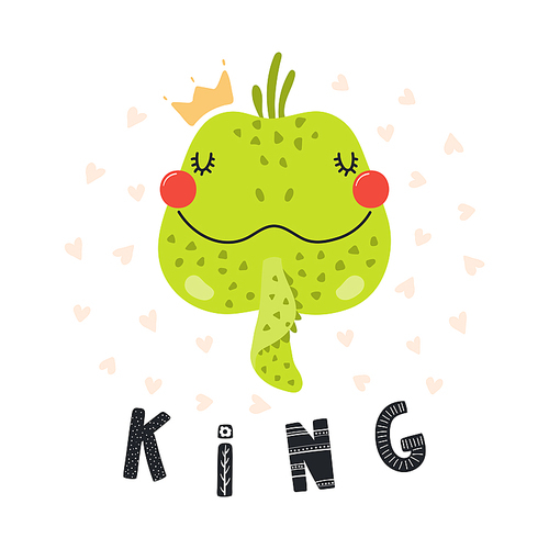 Hand drawn vector illustration of a cute funny iguana in a crown, with lettering quote King. Isolated objects on white . Scandinavian style flat design. Concept for children .