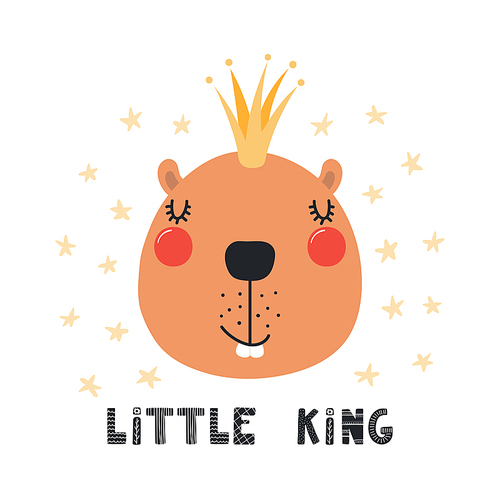 Hand drawn vector illustration of a cute funny beaver in a crown, with lettering quote Little king. Isolated objects on white . Scandinavian style flat design. Concept for children .