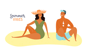 Hand drawn vector illustration of a happy couple on the beach talking, with lettering quote Summer vibes. Isolated objects on white . Flat style design. Concept, element for poster, banner.