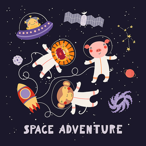 Hand drawn vector illustration of cute animal astronauts, alien in space, with lettering quote Space adventure. Isolated objects on dark. Scandinavian style flat design. Concept for children print.