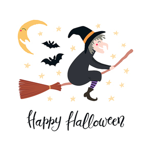 Hand drawn vector illustration of a witch on a broomstick in the night sky, with lettering quote Happy Halloween. Isolated objects on white . Flat style design. Concept, element card, banner