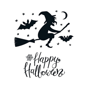 Hand drawn vector illustration of a witch on a broomstick in the night sky, with lettering quote Happy Halloween. Isolated objects on white . Flat style design. Concept, element card, banner