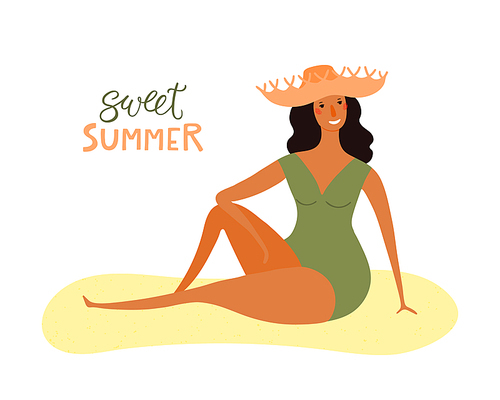 Hand drawn vector illustration of a happy woman on the beach sunbathing, with lettering quote Sweet summer. Isolated objects on white . Flat style design. Concept, element for poster, banner