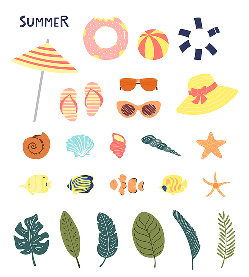 Big summer set with pool floats, seashells, starfish, fish, palm leaves. Hand drawn vector illustration. Isolated objects on white . Flat style design. Concept, element for poster, banner.