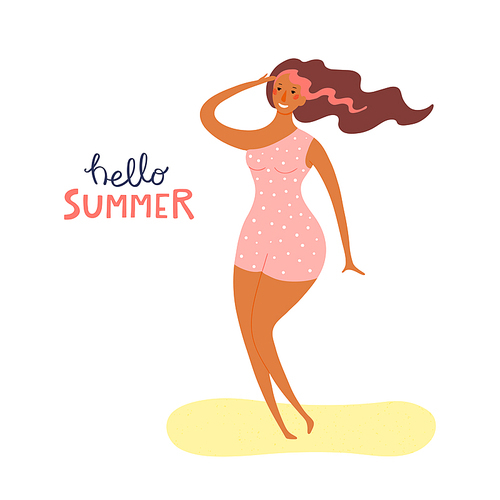 Hand drawn vector illustration of a happy woman on the beach dancing, with lettering quote Hello Summer. Isolated objects on white . Flat style design. Concept, element for poster, banner.