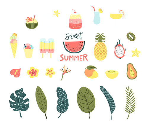 Big set of summer drinks, fruits, ice cream, tropical flowers, palm leaves. Hand drawn vector illustration. Isolated objects on white . Flat style design. Concept, element for poster, banner