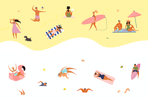 Hand drawn vector illustration with happy young people on the beach, swimming, surfing, sunbathing. Flat style design. Concept, element for summer poster, banner, background.
