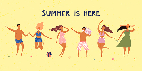 Hand drawn vector illustration with happy young people on the beach, jumping, dancing, with lettering quote Quote. Flat style design. Concept, element for summer poster, banner, background.