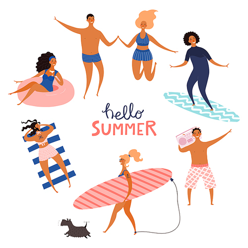 Round frame made of happy people in swimwear, with quote Hello Summer. Hand drawn vector illustration. Isolated objects on white . Flat style design. Concept, element for poster, banner.