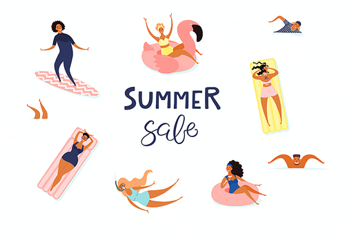 Hand drawn vector illustration with happy young people in the sea, swimming, surfing, sunbathing, with lettering quote Summer sale. Flat style design. Concept, element for poster, banner, background.