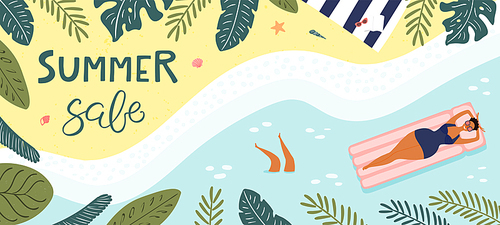 Hand drawn vector illustration with beach, palm leaves, happy young woman floating in the sea, with lettering quote Summer sale. Flat style design. Concept, element for poster, banner, background.