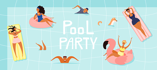 Hand drawn vector illustration with happy young people in the pool, swimming, sunbathing, with lettering quote Pool party. Flat style design. Concept, element for summer poster, banner, background.