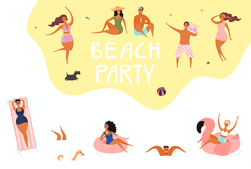 Hand drawn vector illustration with happy young people swimming, dancing, sunbathing, with lettering quote Beach party. Flat style design. Concept, element for summer poster, banner, background.
